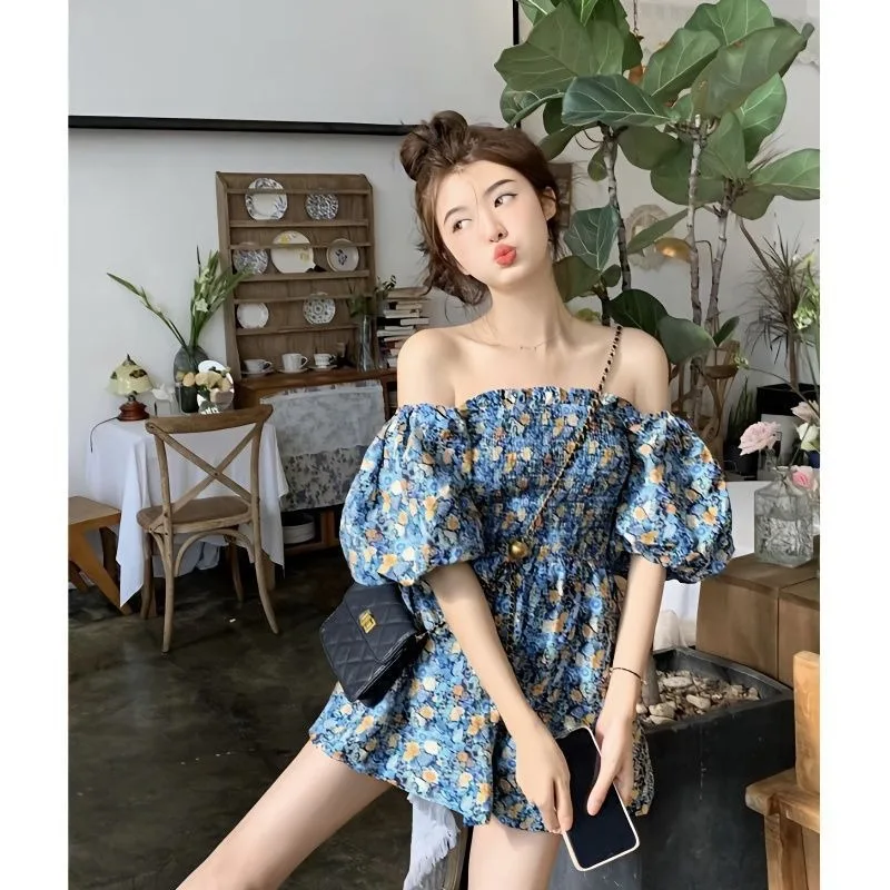 Sweet and Spicy Pure Desire Wind Waist Cinching Jumpsuit Women's Summer French Off Shoulder Floral Dress Female Clothing