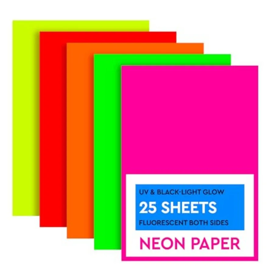 Multicolor Neon Paper Set of 25- UV Fluorescent and Black Light Neon Cardstock Sheets Not for Printers - Thick [250 GSM], Two-S