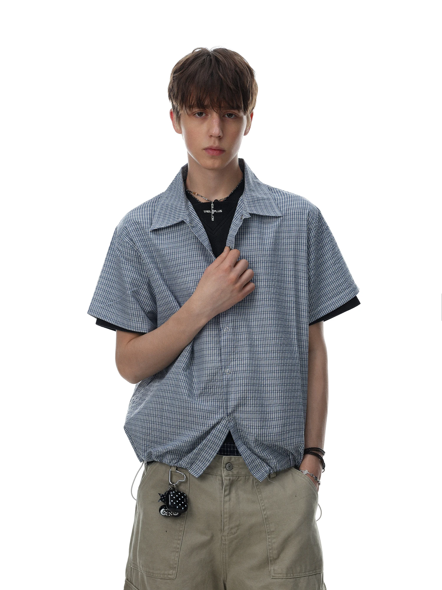 MRNEARLY American Retro Plaid Drawstring Short Sleeve Men's Shirt Summer Loose Casual Commuter Style Top Cotton Polyester Blend