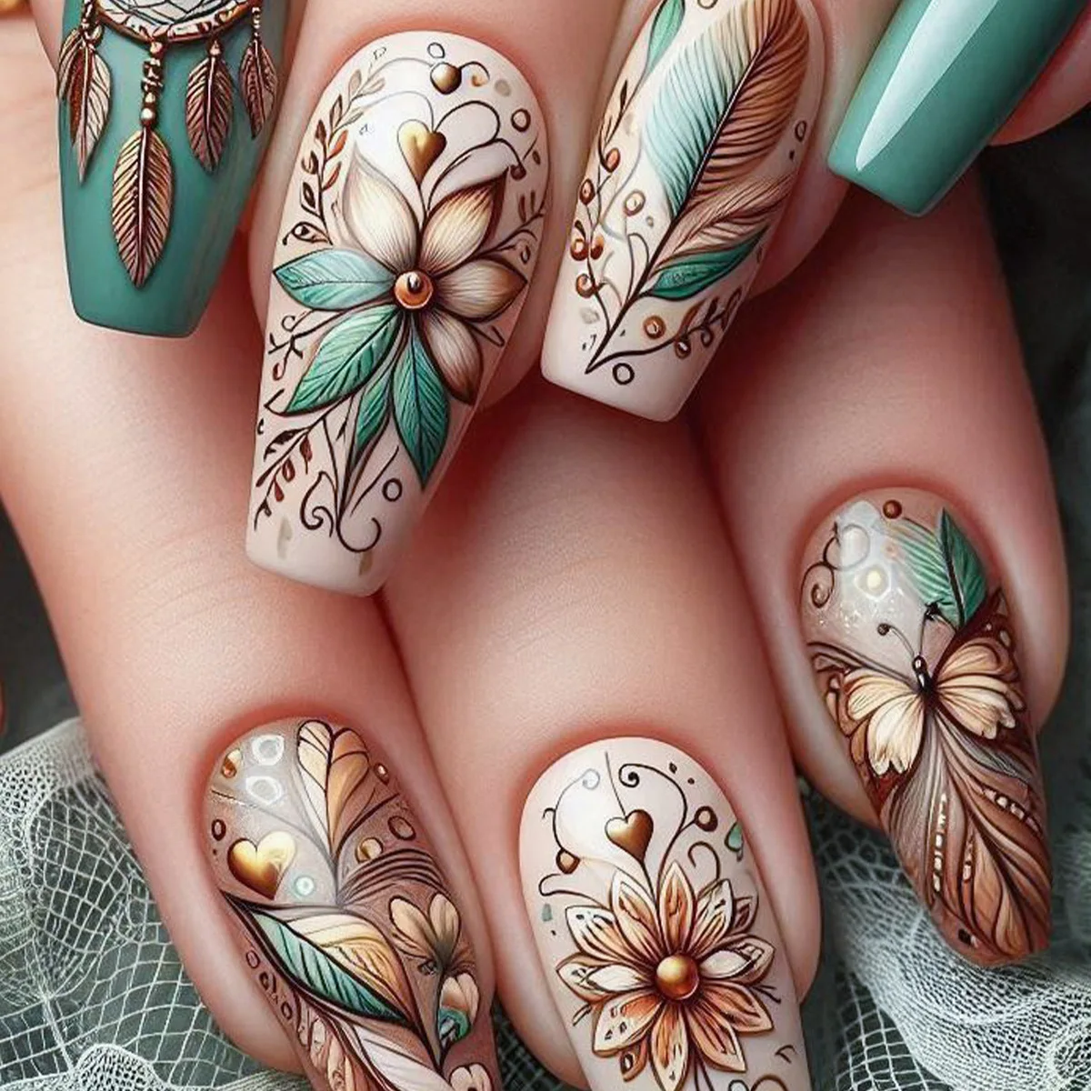 24Pcs Fake Nails Full Cover Leaf Butterfly Design Art with Glue Wearing French Ballet False Nails Detachable Mid-length Manicure