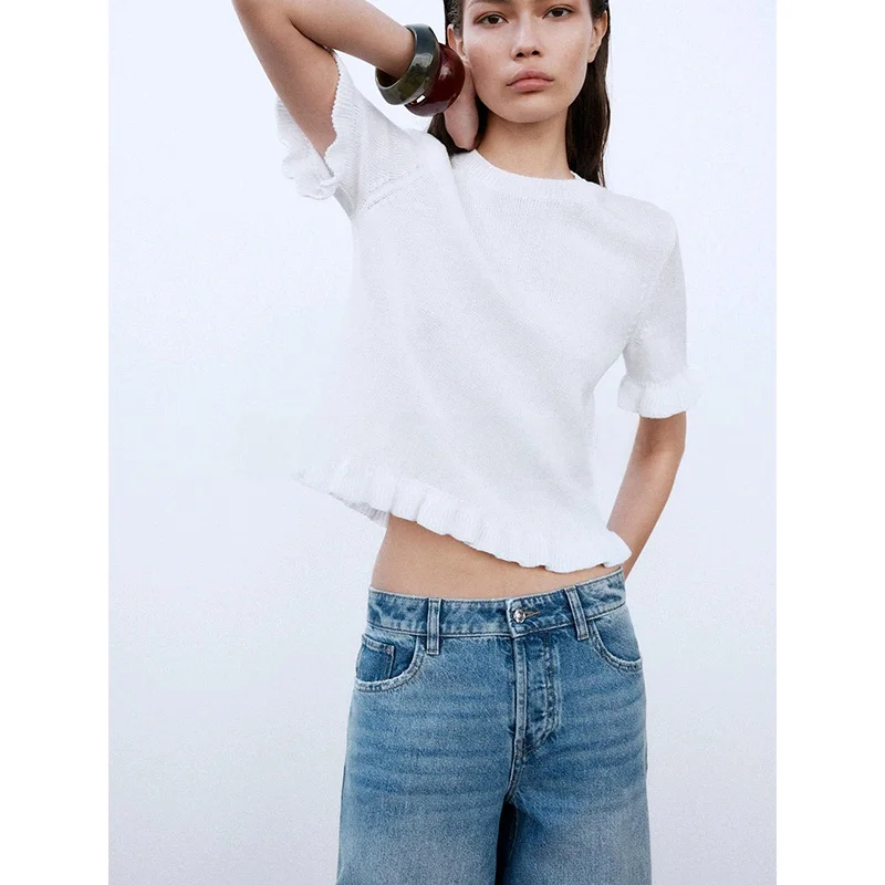 

Spring New Women's Knitted Cotton round Ne ort Sve Top White Layered Decoration Lace Trim Commute Sle Slim Fit Polye...