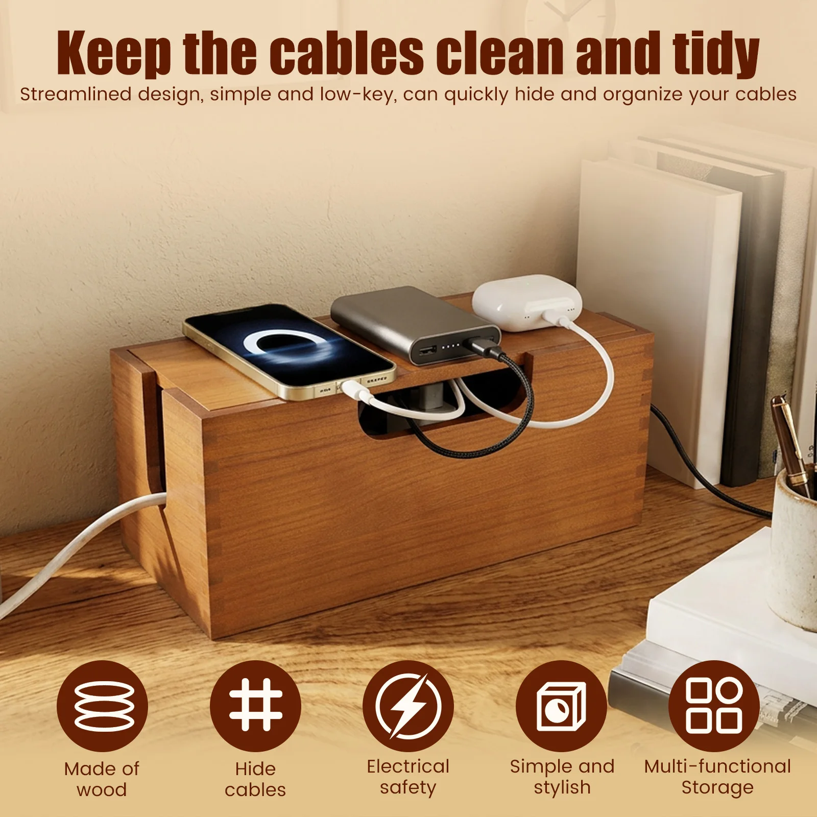 Cable Organizer Box Wooden Large Cable Management Box Multipurpose Cord Organizer Home Decoration for Power Strip TV Desk Cables
