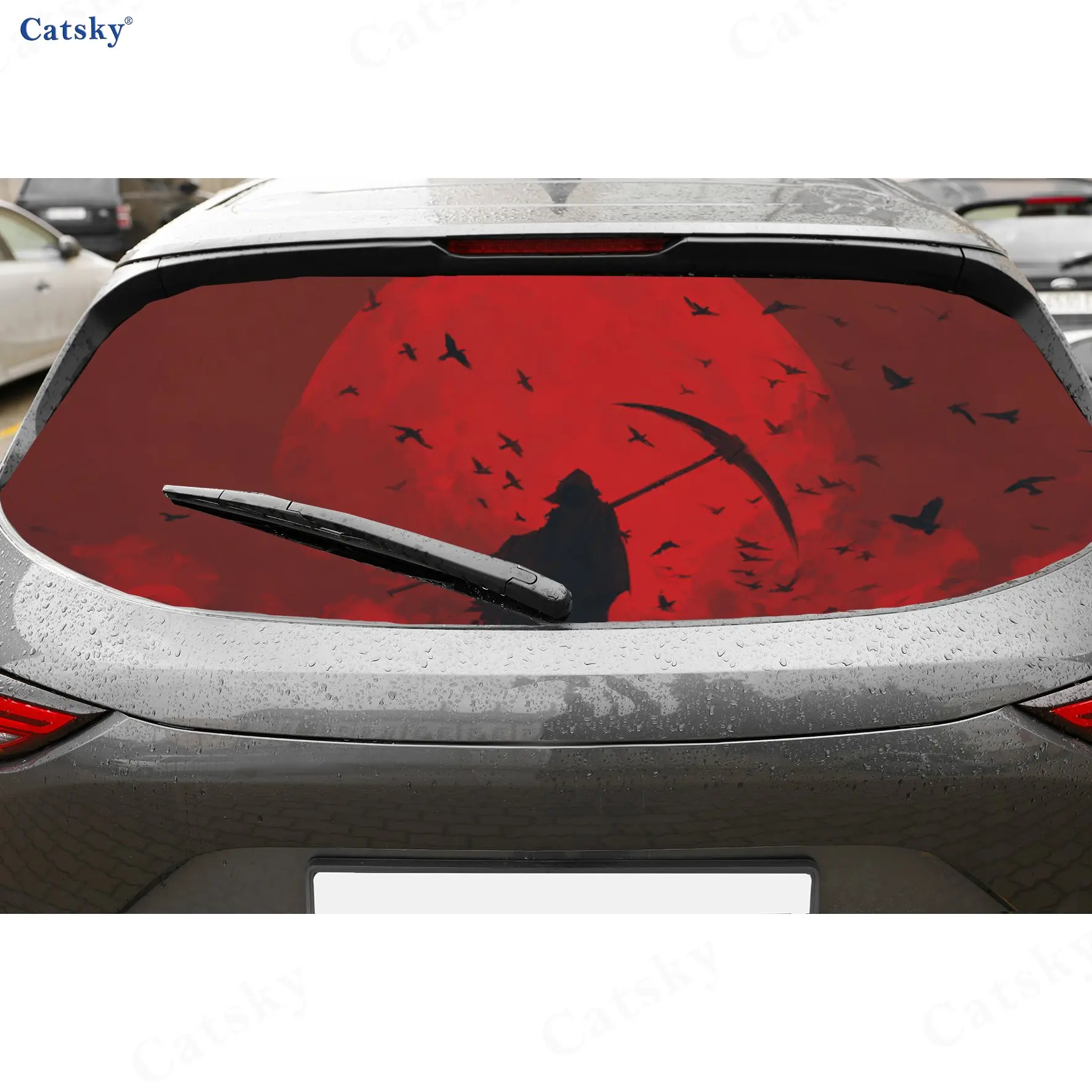 

Red Moon Grim Reaper Dark Mystery Pattern PVC Perforated Car Vinyl Wraps, Durable Car Rear Windshield Sticker, Waterproof Car Re