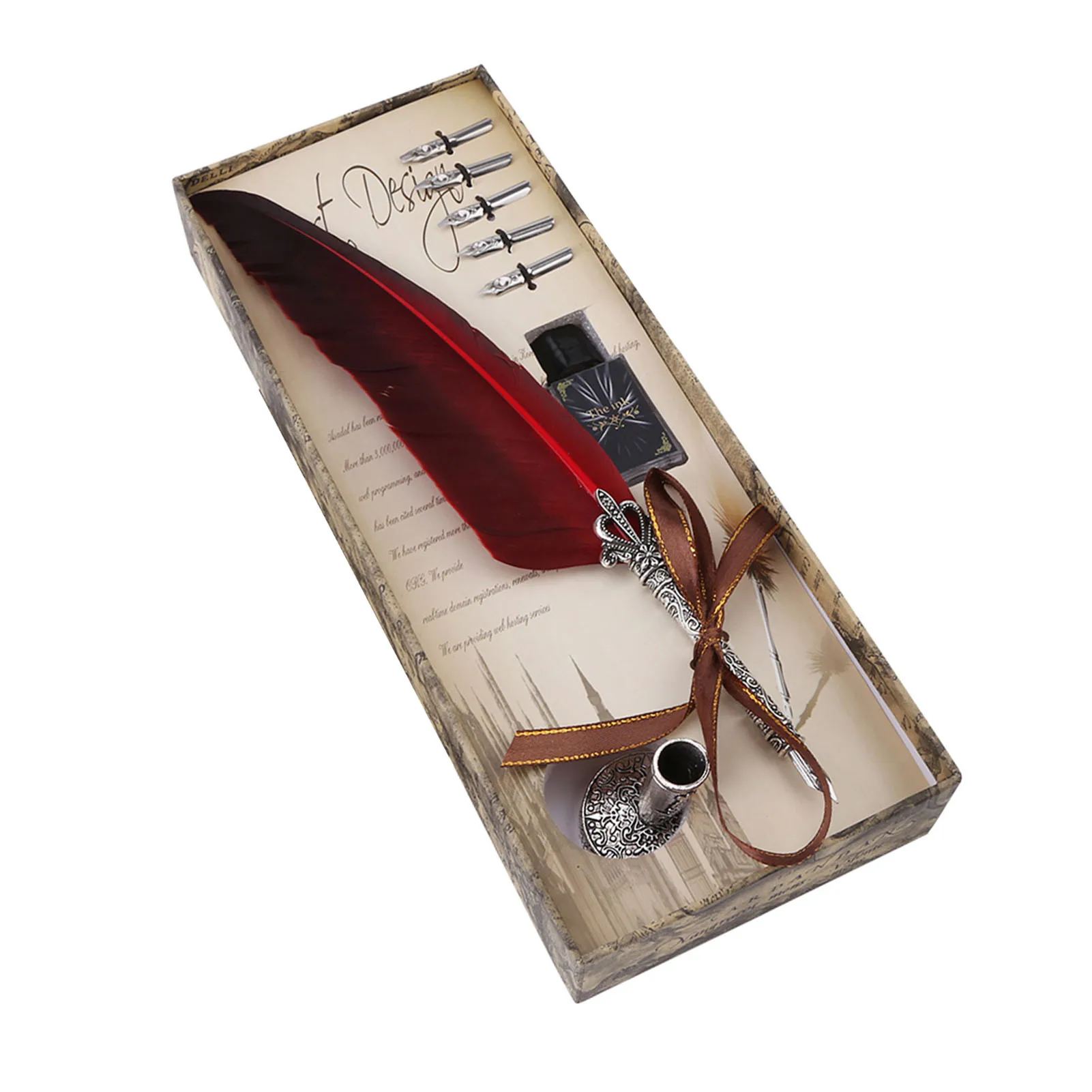 ZK30 English Calligraphy Feather Dip Quill Pen Writing Ink Set Stationery Gift Box with 5 Nibs