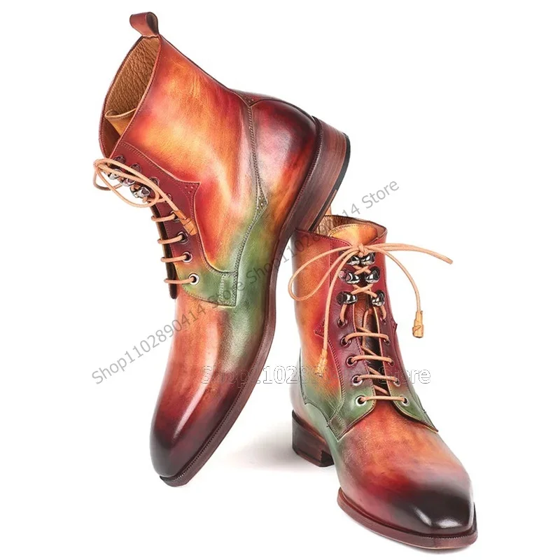 Kolorowe botki do połowy łydki z kwadratowym noskiem, wiązane, modne sznurowane buty męskie, luksusowe ręcznie robione buty męskie na przyjęcia, bankiety i uroczystości.