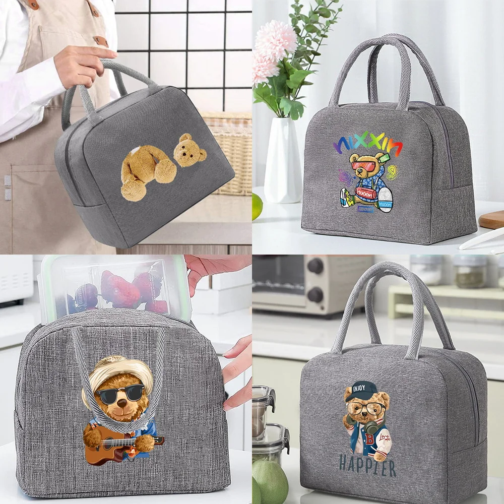 

Functional Portable Lunch Bag for Women Insulated Canvas Cooler Bag Thermal Food Picnic Lunch Bag Kids Grey Bear Pattern Sreies