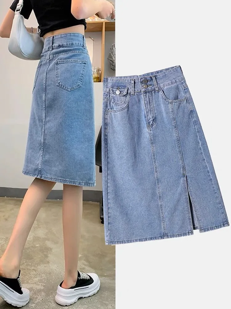 High Waist A-Line Midi Skirt for Women Slit Design Slimming Denim Half-length Commute Style mid Waist Pure Color Other Material