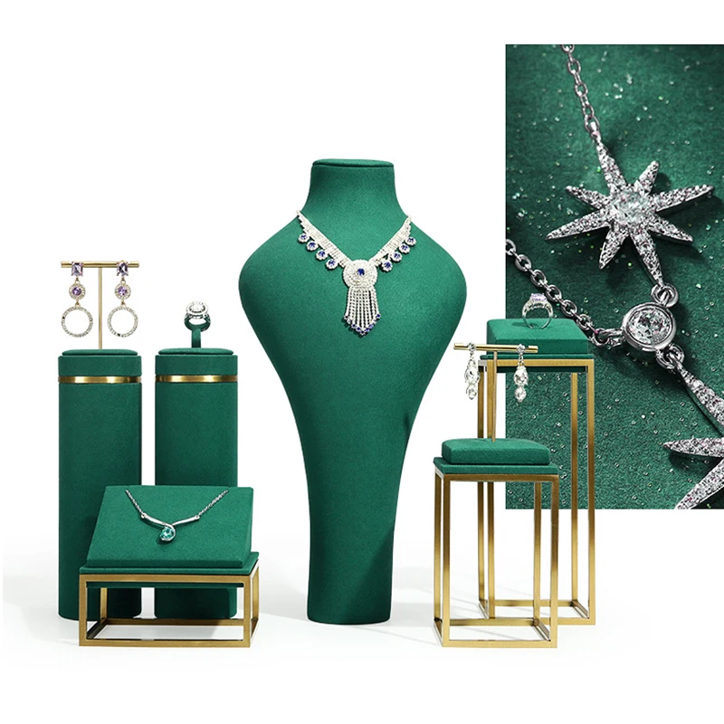

New jewelry display props green microfiber metal display rack set showcase necklace ring jewelry display