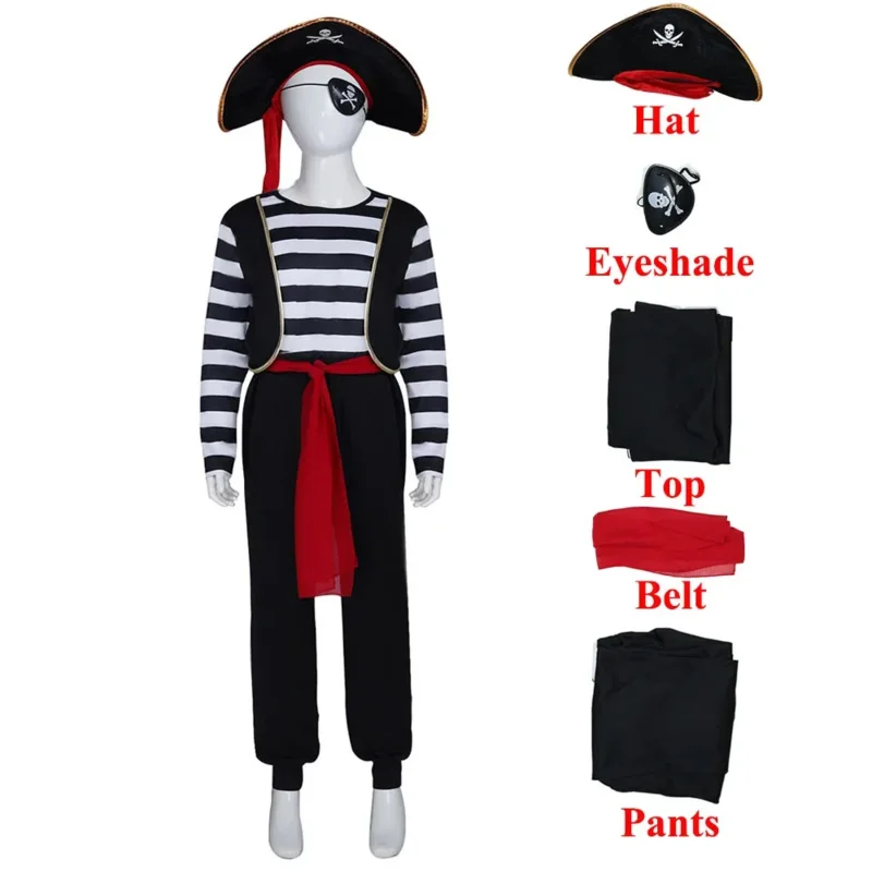 Pirate Captain Cosplay Costume Kids Black White Striped Tops Pants Hat Belt Eyeshade Suit Caribbean Pirate Role Play Halloween