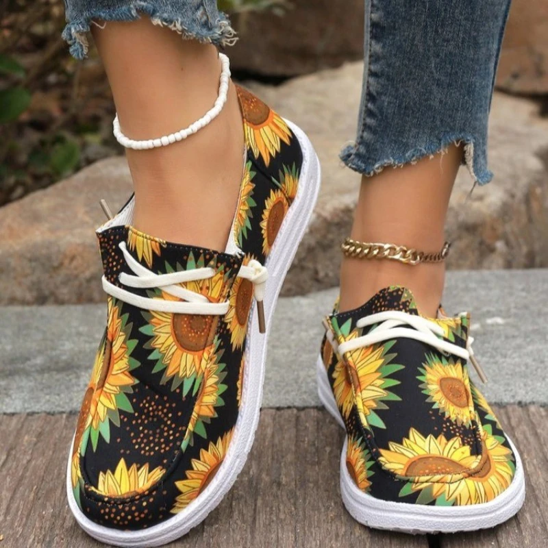 Zapatillas deportivas con estampado de girasoles para mujer, zapatos informales con plataforma, transpirables, planos, verano, 2024