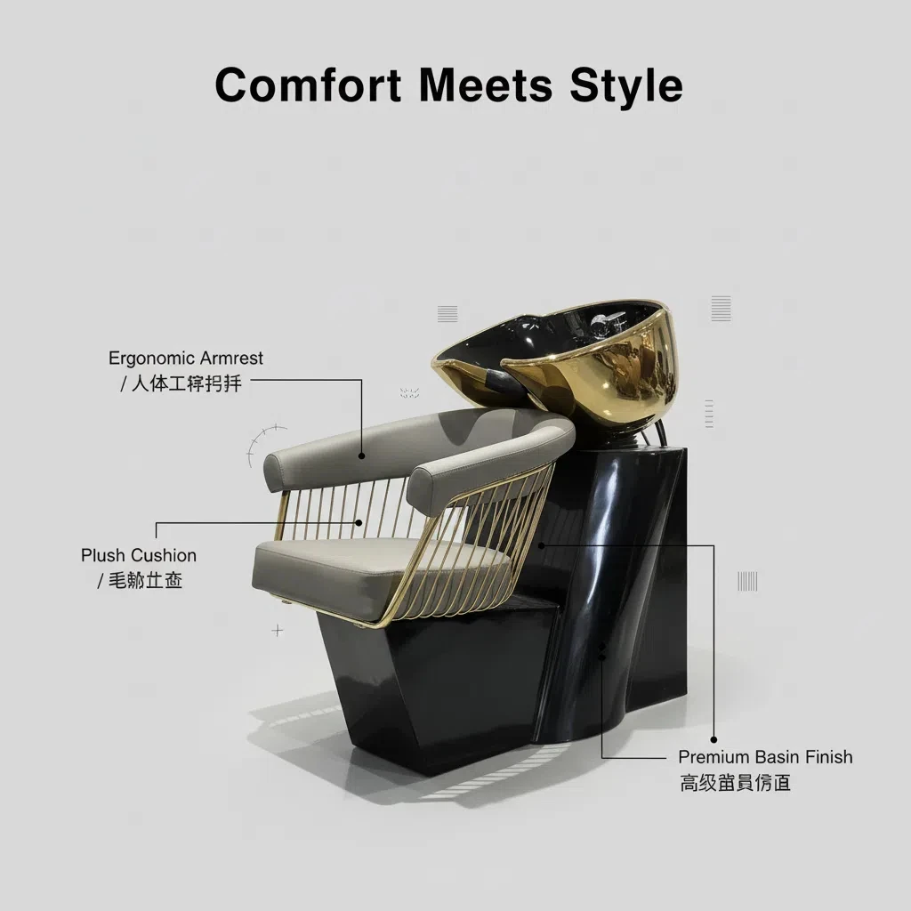 Keyunshi Light Gray & Gold Salon Shampoo Chair, Ergonomic Armrest, Plush Cushion & Premium Basin Finish for Hair Salons