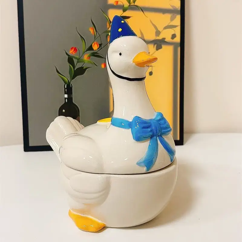 Cute duck shaped ceramic storage jar,covered ceramic bowl,foyer storage,living room coffee table snacks candy decoration jar