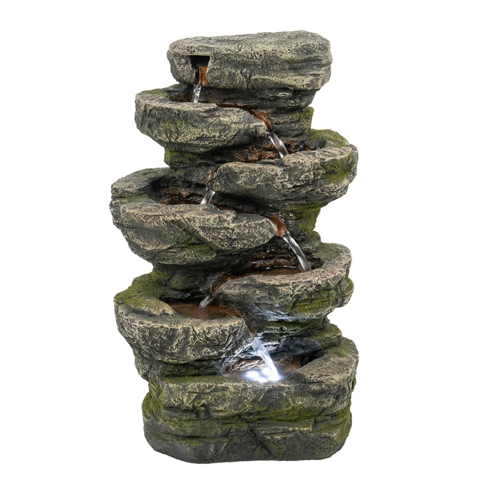 

9x5x14" Indoor Gray Stone-Look Water Fountain 7-tier Polyresin Cascading Rock Tabletop Fountain with LED Light