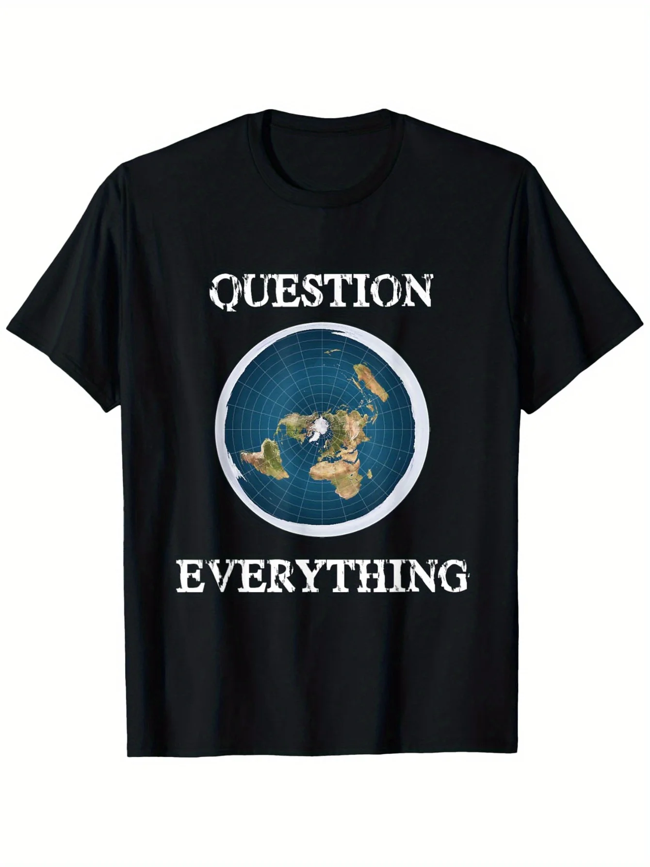 Trendy Men's Black Graphic T-Shirt Question Everything Globe Map Circular Earth Distressed Letter Print Statement Design 100% Cotton Heavyweight Short Sleeve Casual Streetwear Tee