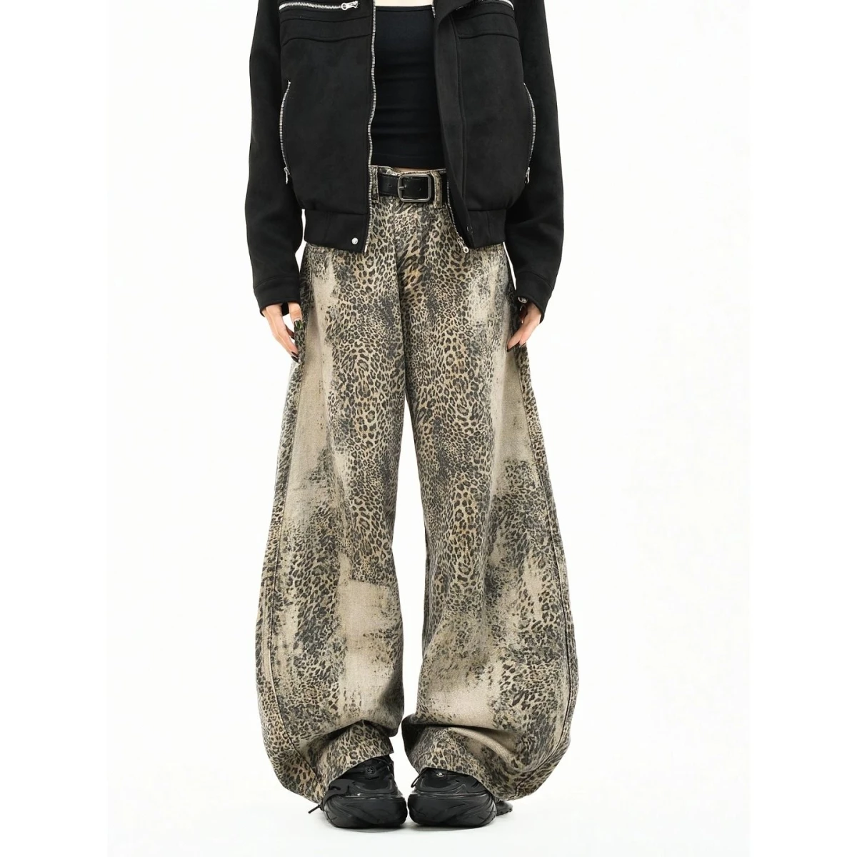 Calças Jeans Casuais Retrô Americanas com Estampa de Leopardo, Lavadas, de Perna Larga e Solta, Modernas, com Design Exclusiv...