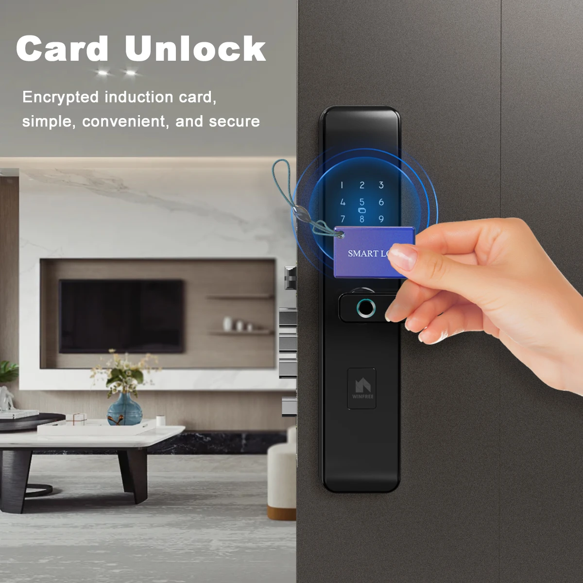 WINFREE TTLock Bluetooth Keyless Smart Card Passcode Fingerprint Security Main Door Lock Work With Google Home or Alexa by Voice