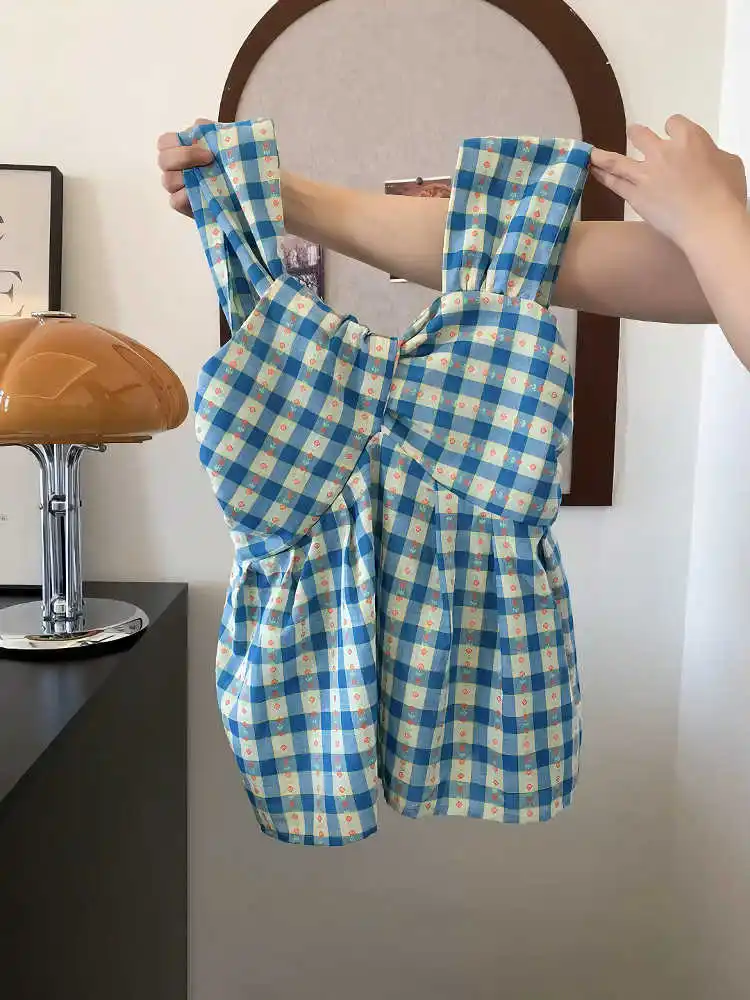 Urlaubsstil Sommer Blumenmuster Neckholder Übergröße Rückenfrei Slimfit Weste Tops Vintage All Match Pullover Kurzarm