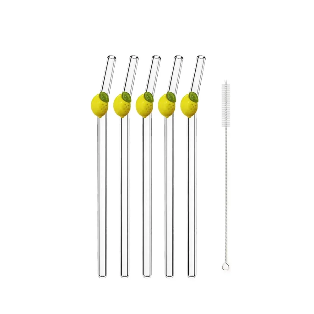 Pajitas de cristal reutilizables decorativas con forma de limón, pajita para cócteles y batidos, accesorios de cocina, artículos para beber para fiesta en casa, 5 uds.