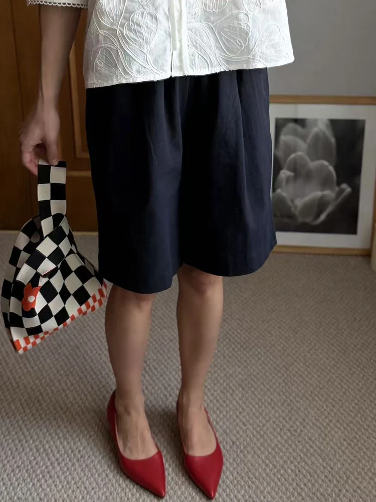 Summer White Bermuda Shorts For Women Loose A Line Lyocell Long Shorts Baggy Lady High Waist Women's Navy Wide Leg Shorts Cotton