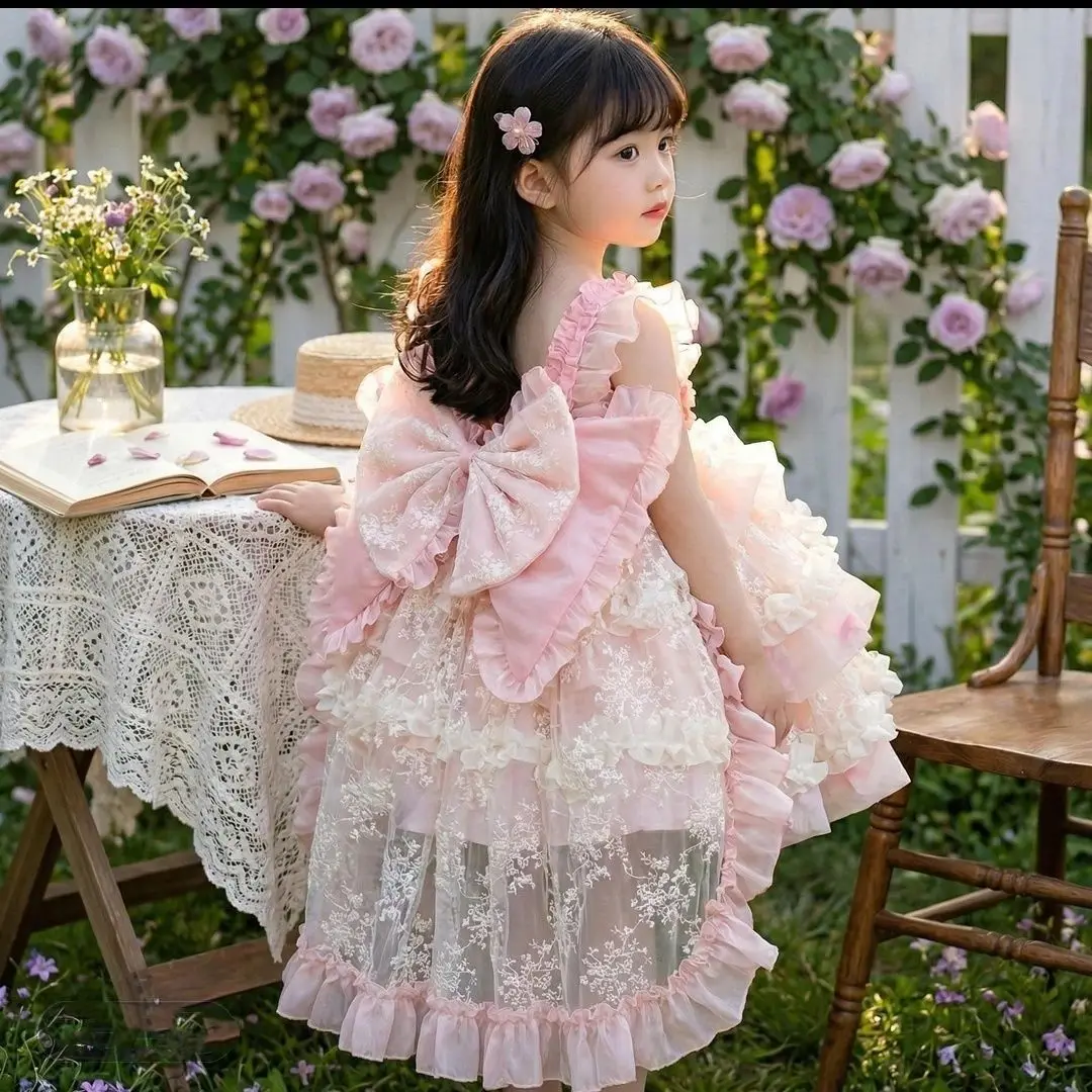 Girls Summer Lolita Pink Fairy Dress Baby Tulle Birthday High-End Princess Gown Children's Partywear Dress