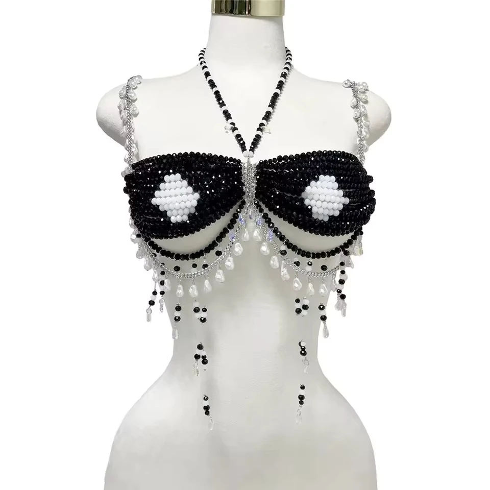 New European & American Style Black & White Handmade Beaded Body Chain Beach Vacation Sexy Openwork Necklace
