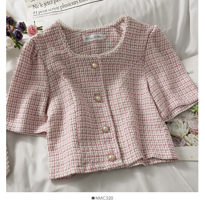 Beaded Round Short Sleeve Tweed Top Women Single-breasted Cardigan Jacket Pink Plaid Shirts Crop Button Blusas Mujer Camisas