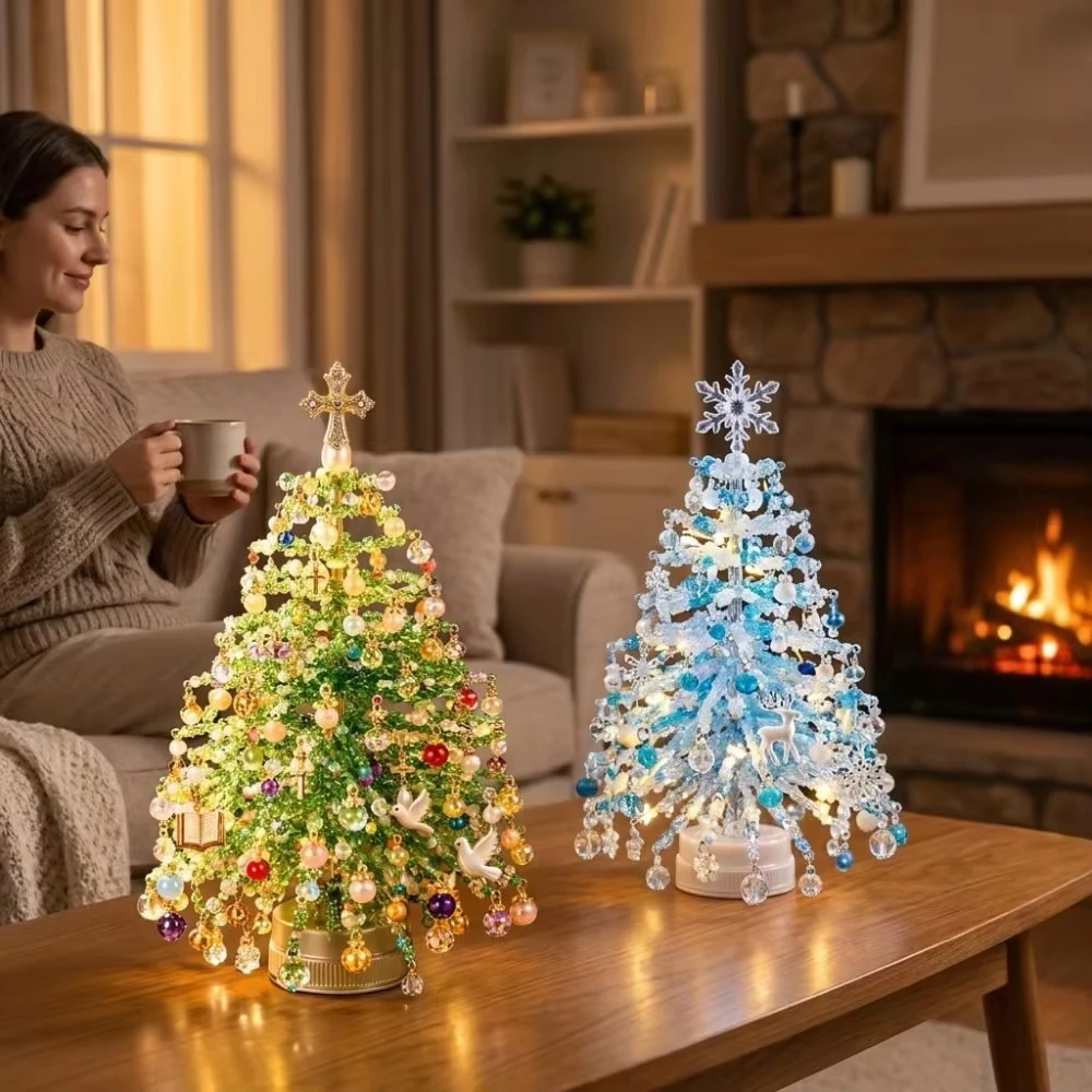 Handmade Bead Weaving Christmas Tree With LED Lights, DIY Kit Desktop Holiday Decoration Beaded Xmas Ornament Festive Craft Pres