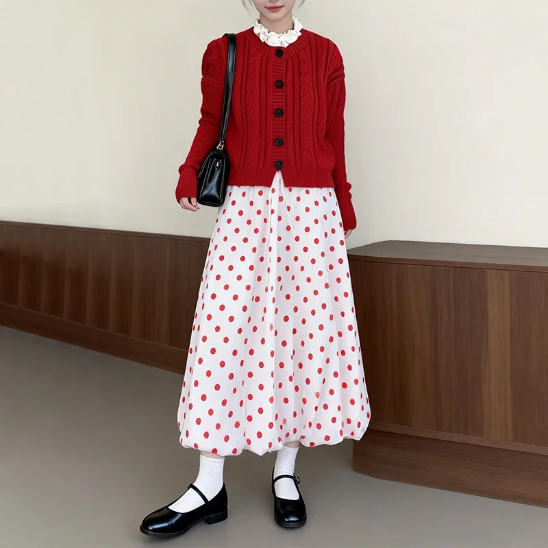 Women Japanese Retro Red Polka Dot Midi Skirts High Waist Loose Bubble Hem A Line Long Skirts Korean Sweet Casual Ladies Skirts