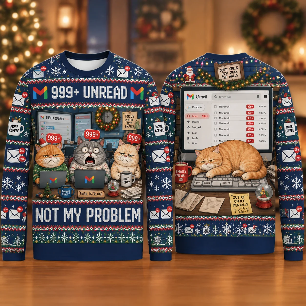 Ugly Christmas Long-sleeved T-shirt Funny Office Cat Work Meeting Crewneck Sweatshirt Polyester 3D Print Holiday Pullover Gift