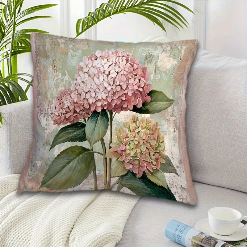 1pc French Country Hydrangea Decorative Cushion Cover, 2D Print Polyester Pillow Case for Sofa Bed Car Office Home Decoration
