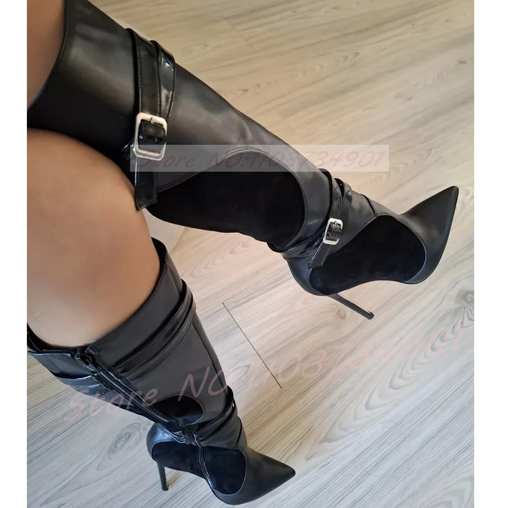Two Buckle Strap Patchwork Boots Women Leather Suede Splicing Pointed Toe Zip Knee High Shoes Solid Casual High Heels Boots