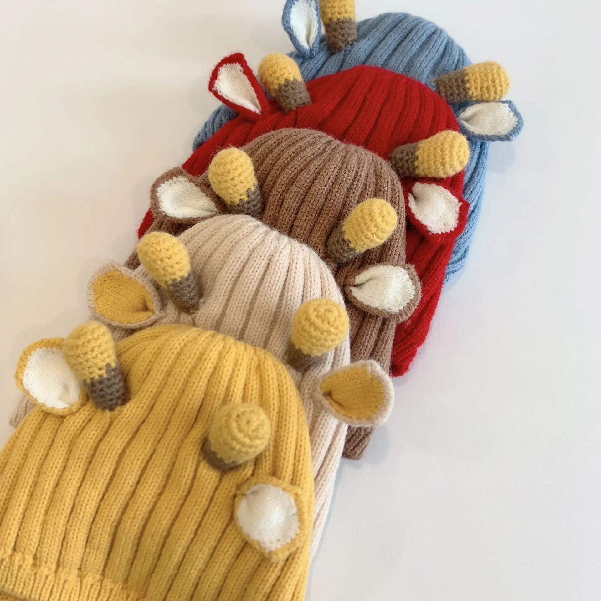 Cute Baby Autumn Winter Thick Warm Hats Knit Deer Ears Caps for Newborn Infant Beanies with Windproof Rope 6-24months