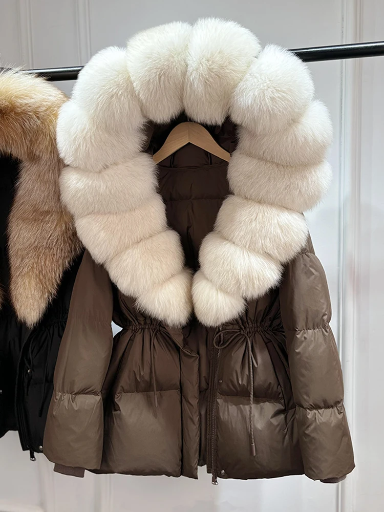 2026 New Winter Real Natural Fox Fur Collar Thick Wam Puffer Jacket Women Hooded Belt Slim White Duck Down Coat Waterproof Parka