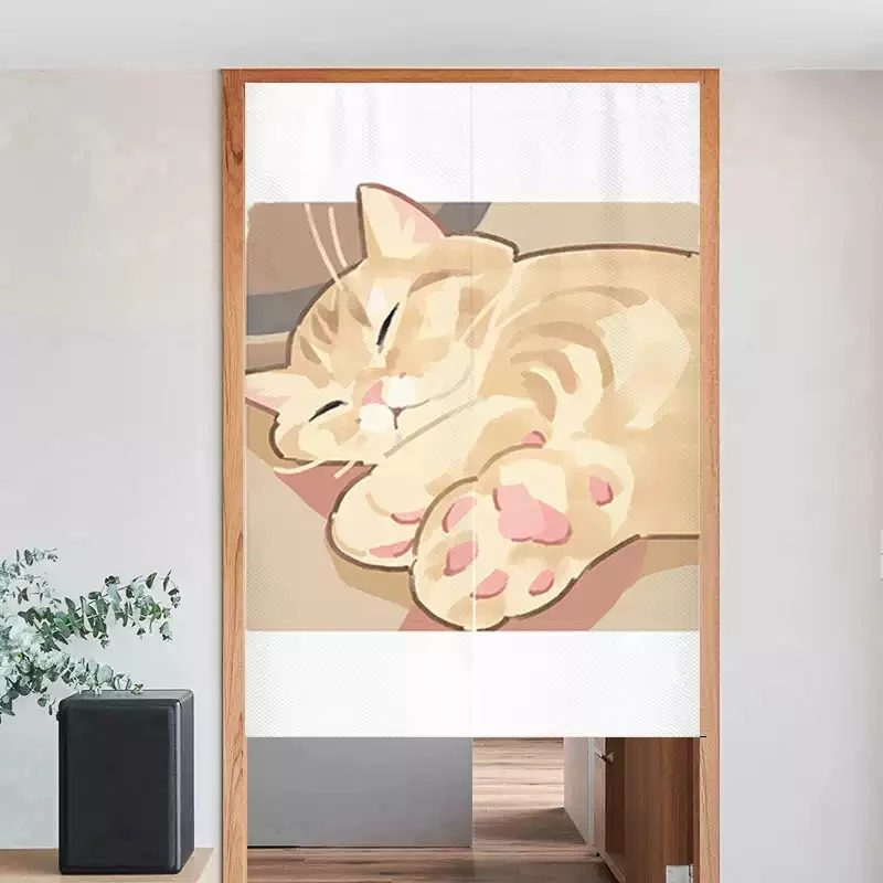 VIKAMA Noren-Vorhang mit süßer Katze, halber Vorhang für Küche, Badezimmer, Schlafzimmer, Trennwand, Türöffnung, dekorativer Vorhang für Zuhause