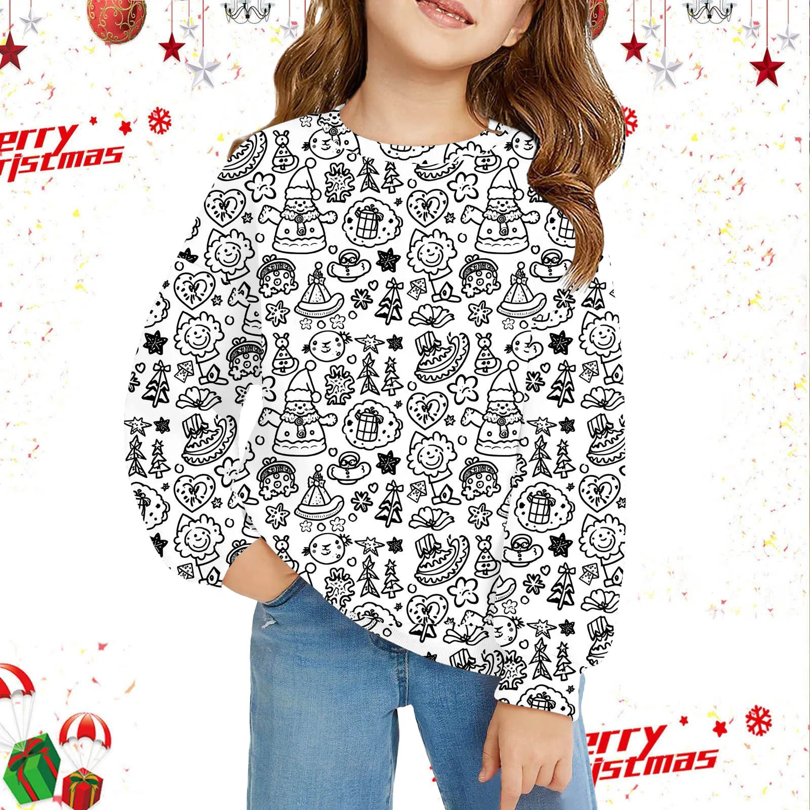 Christmas DIY Sweatshirt Kids Sketch Colorful Tops Kids Art Color Your Own Pullover Handicraft Toys DIY Crafts For Kids Boy Girl