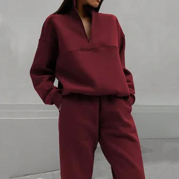 여성 가을 ​​겨울 까마귀 세트 두 조각 세트 솔리드 풀오버 지퍼 후드와 바지 바지 포켓 2 PCS 세트 스포츠 정장