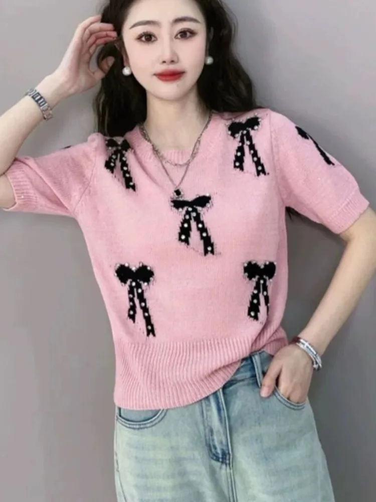 2024 Summer Diamonds Bow Jacquard Sweater Women Short Sleeve Round Neck Elegant Stylish Korean Fashion Chic Knitwear Jumpers