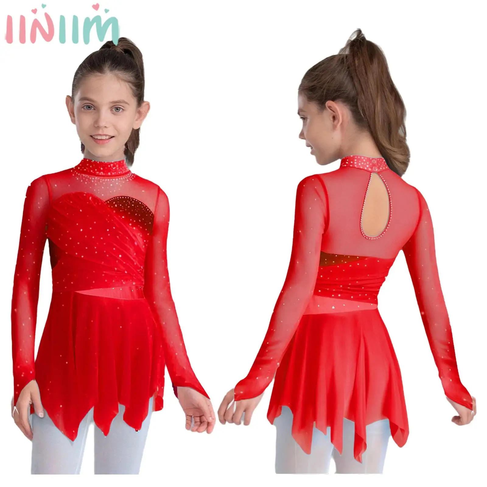 Kids Girls Lyrical Dance Figure Skating Costume Long Sleeve Rhinestones Sheer Mesh Ballet Gymnastics Acrobatics Leotard Dress