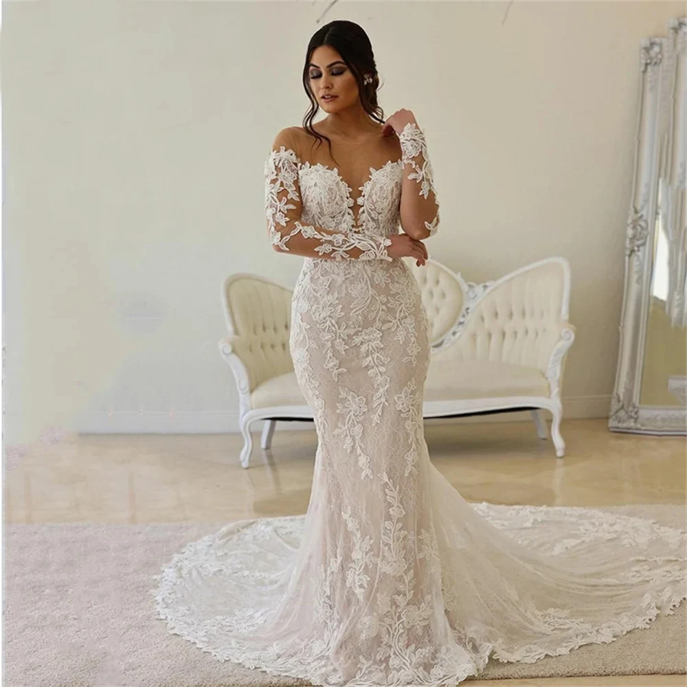 Elegant Mermaid Bridal Gowns 2024 O-neck Long Sleeve Tulle Wedding Dress Customized Lace Appliques Sexy Backless Bride Dresses