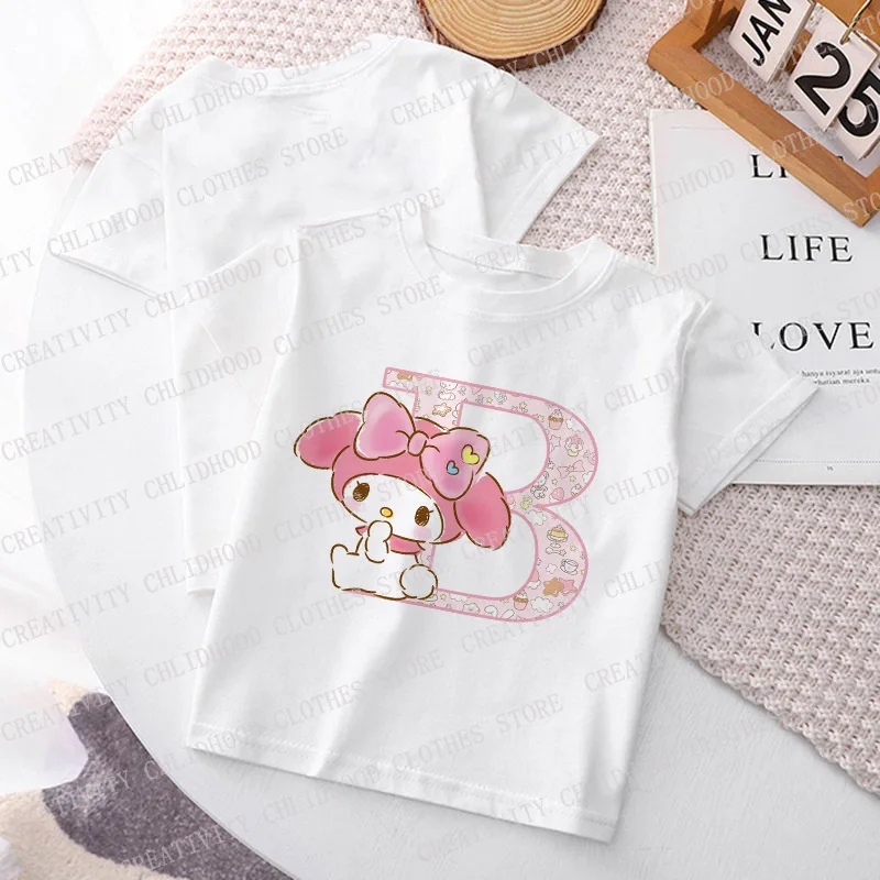 My Melodys Children T-Shirt Letter ABCD Kawaii Animal Cartoons Kids Tee Shirts Anime Casual Clothes Boy Girl Top Short Sleeve