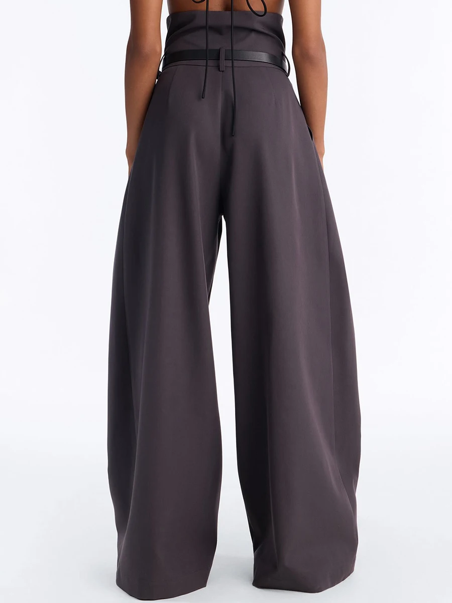 TWOTWINSTYLE Belted Spliced Asymmetric Loose Casual Pants for Women High Waist Patchwork Button Solid Wide Leg Trousers Female