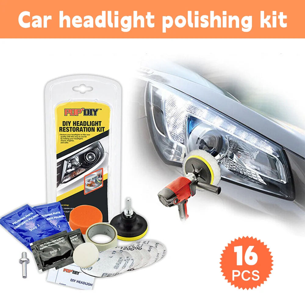 Kit de reparo para restauração de lentes de farol de carro, 16 peças, limpador de polimento, ferramentas de reparo, restauração de farol, kit de lavagem de carro