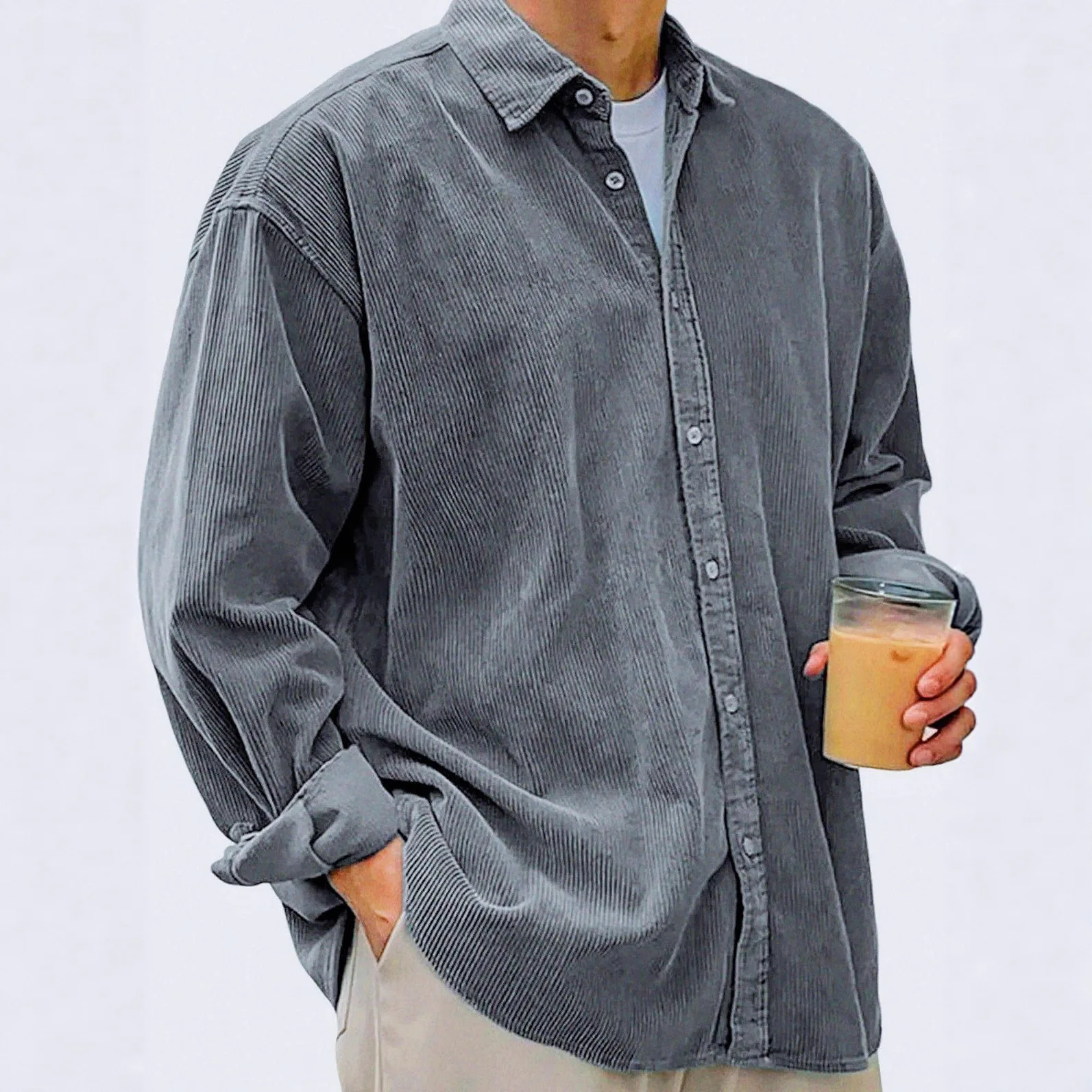 Men's Autumn Winter Corduroy Long Sleeve Shirt Casual Loose Fit Thick Shirts Jacket