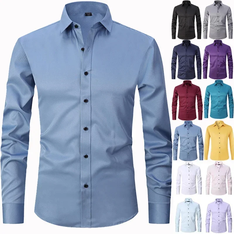 Elastic Solid Shirt New Men Business Leisure Long Sleeved Shirts Slim Fit Professional Dress Best-selling Seasonal Style Blouses