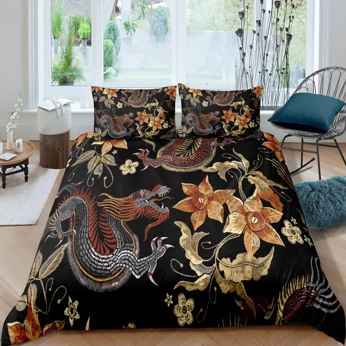 Home Textiles Luxury 3D Embroidery Dragon Print Duvet Cover Set 2/3 Pcs Pillowcase Bedding Set AU/EU/UK/US Queen and King Size