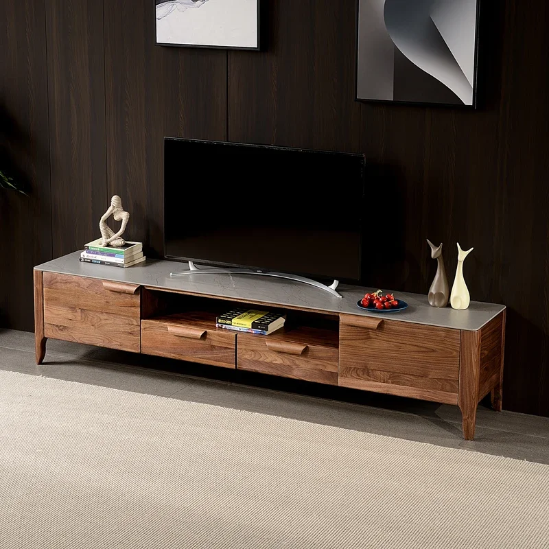 

muebles para hogar North America Black Walnut Stone Plate TV Cabinet and Tea Table Solid Wood Storage Drawer Audiovisual Cabinet