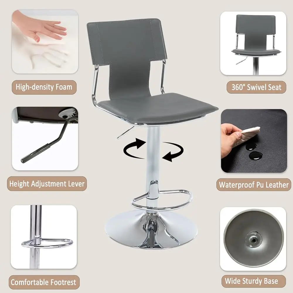 Grey Bar Height Chairs, Swivel Barstools With High Backrest, Bar Stools Set Of 2 For Kitchen Counter, Coffee Bar, Breakfast