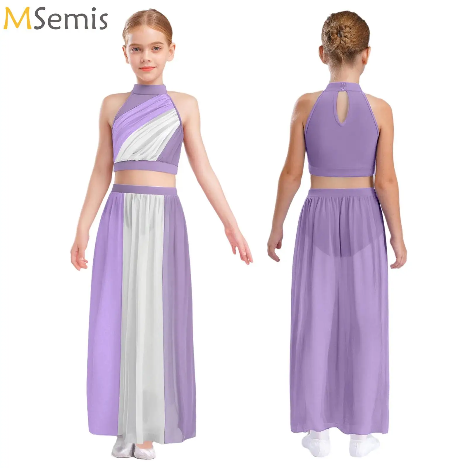 

Girls Lyrical Dance Set Sleeveless Crop Top with Split Chiffon Skirt Rhinestones Modern Skating Ballet Performance Dancewear