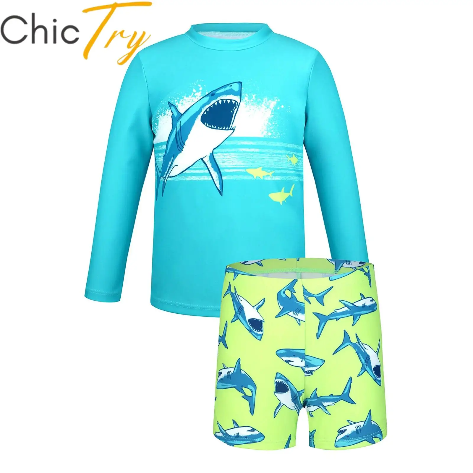 

Kids Boys Rash Guard Swimsuit Swim Set Long Sleeves Swim Tops and Trunks Outfits Cartoon Print Cute Swimwear Summer Bathing Suit