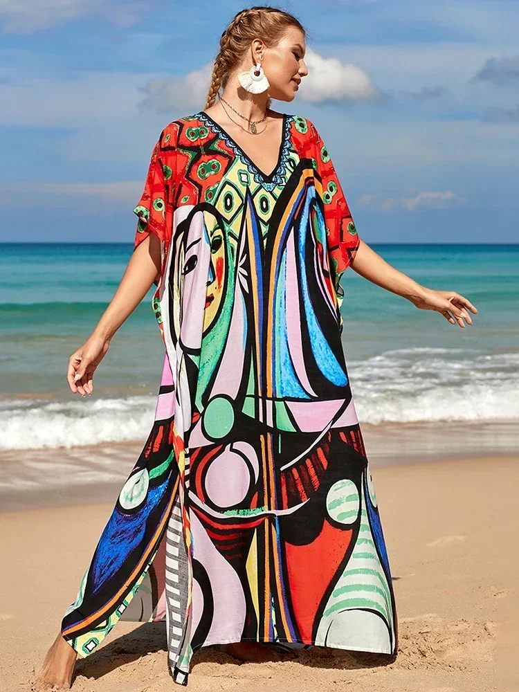 2025 Loose Boho Style Maxi Dress Print Face Swim Suit Cover-up Bohemian Dress Robe Plage Kaftan Maxi Dress Beach Wear Tunics